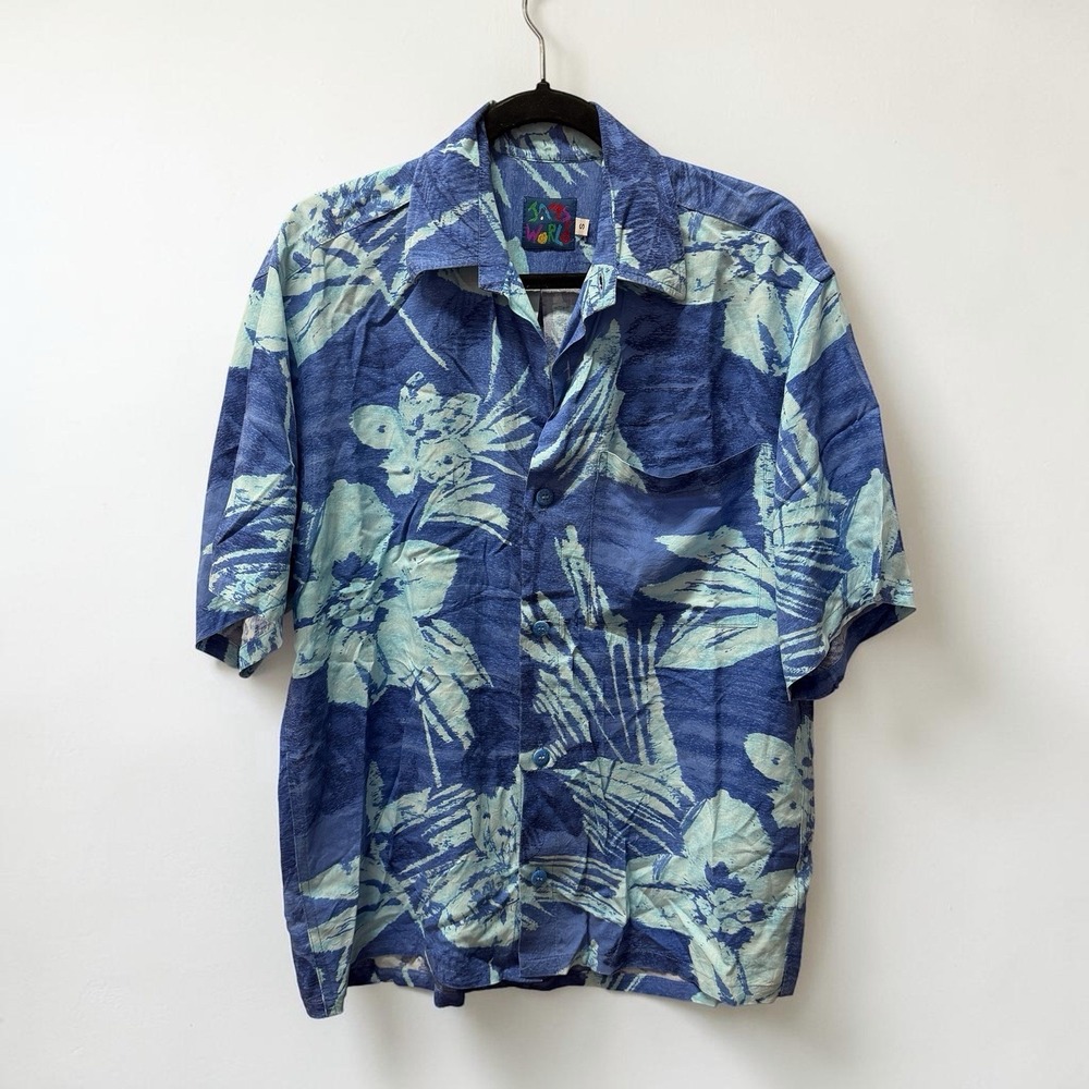 Vintage Jams World Hawaiian Aloha Blue Flower Shirt Plumeria Size Small Made USA